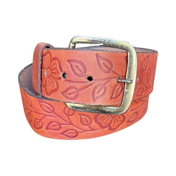Billy the Kid Accessories - Women's Orange Floral Tooled Leather Belt
